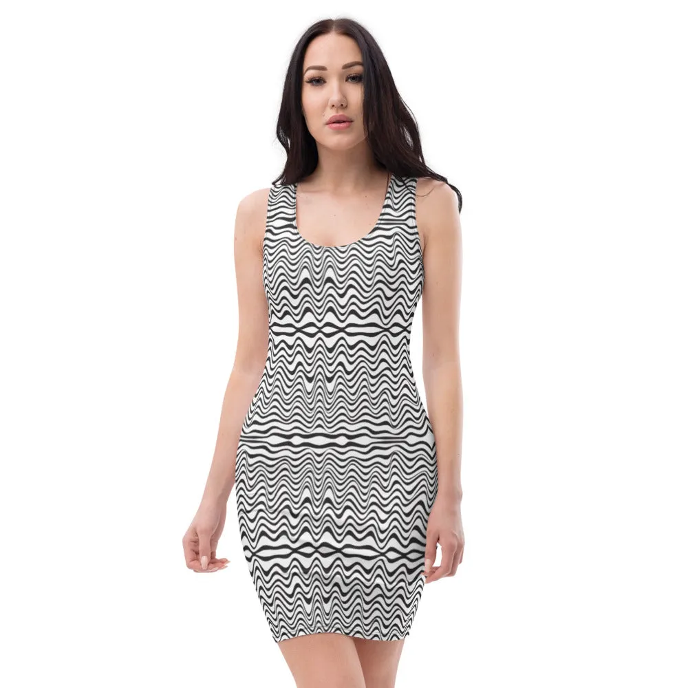 Black White Wavy Sleeveless Dress, Abstract Waves Designer 1-pc Women's Dress - Made in USA/EU/MX