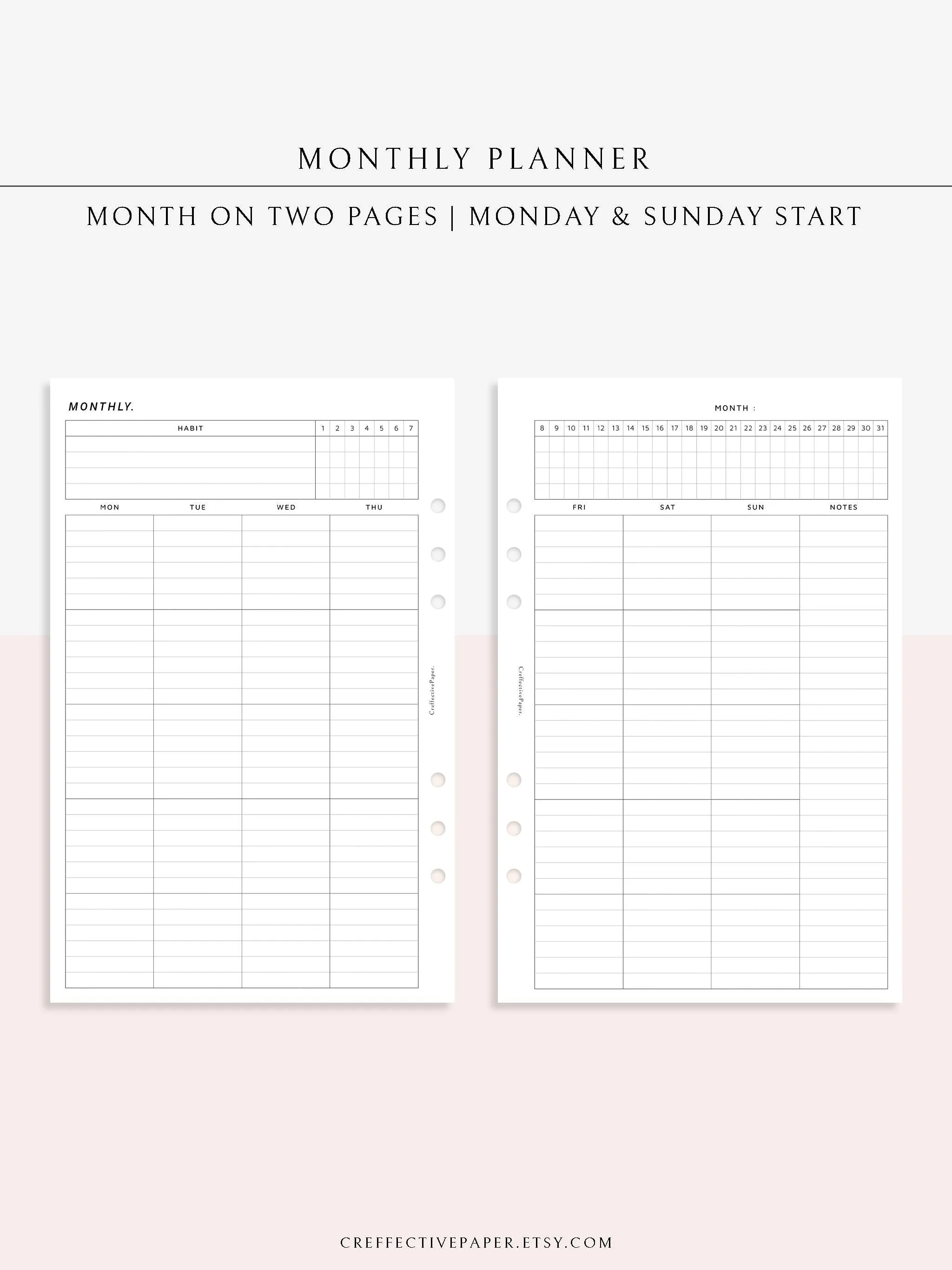 M106_L | Monthly Planner with 31 Days Habit Tracker Printable Inserts