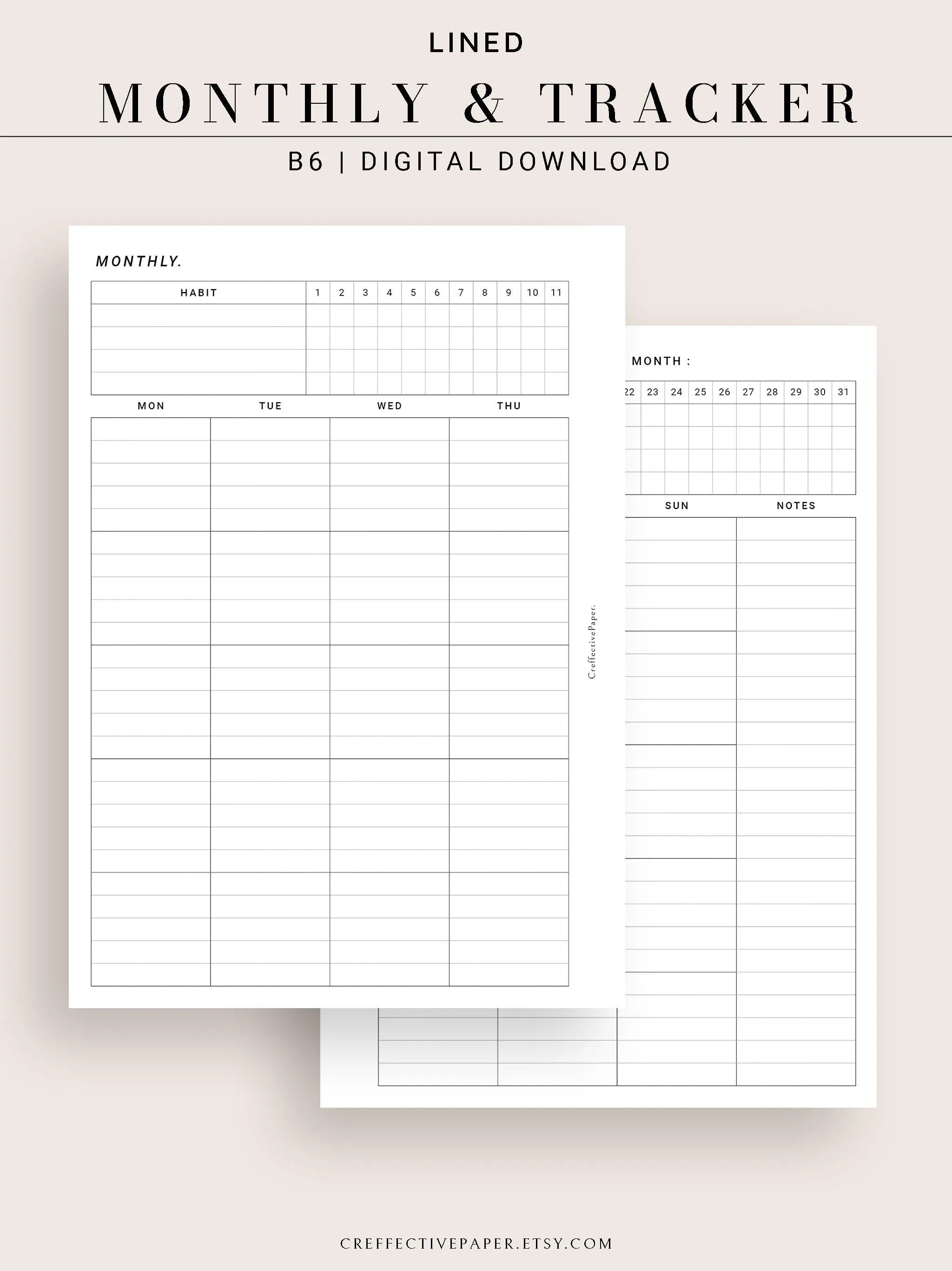 M106_L | Monthly Planner with 31 Days Habit Tracker Printable Inserts