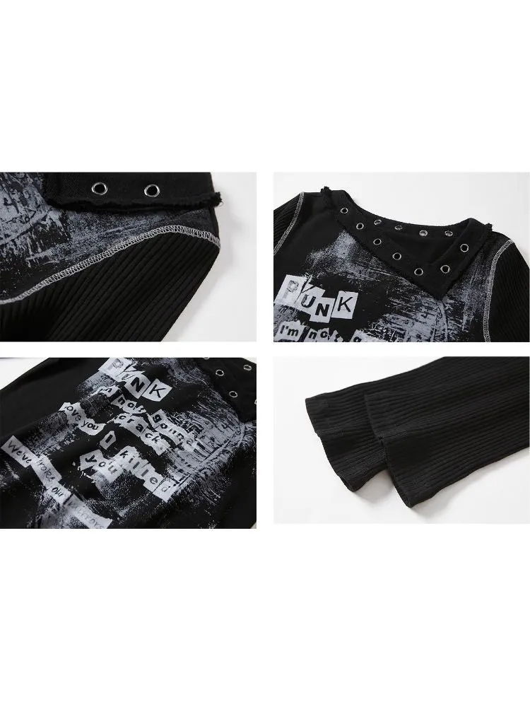 Sweet Cool Slant Neck Patchwork Graffiti Top【s0000004526】