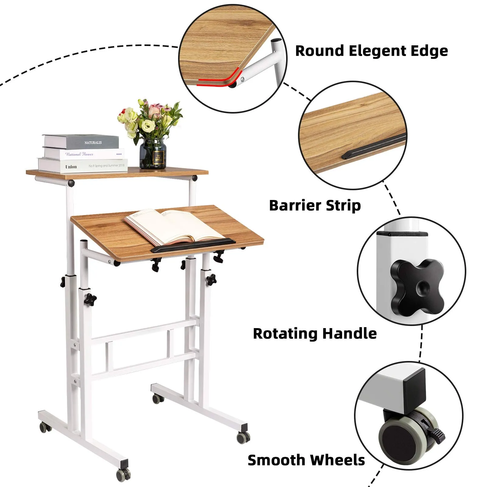 Vintage Oak Modern Adjustable Mobile Standing Desk